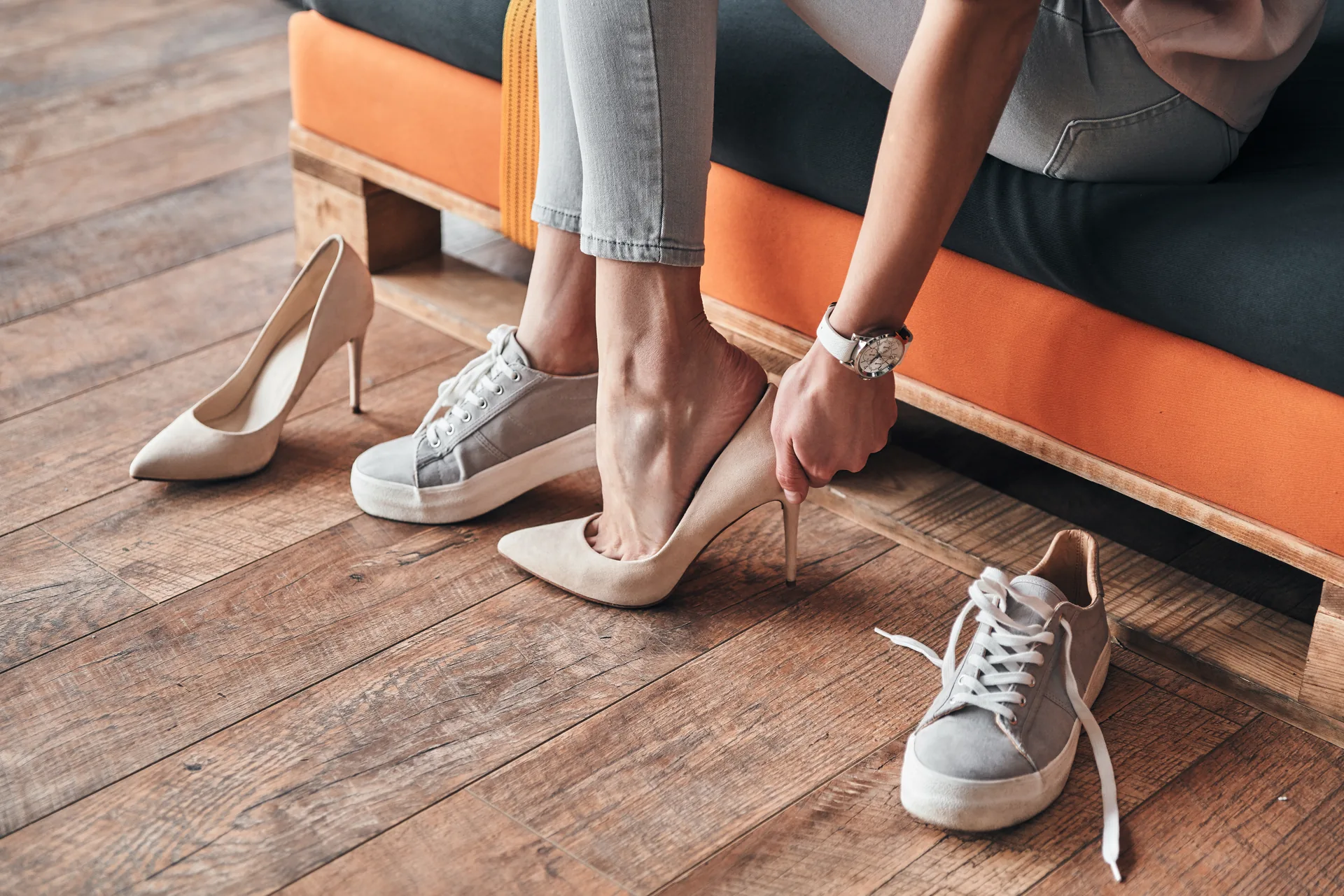 Woman trying on high heels